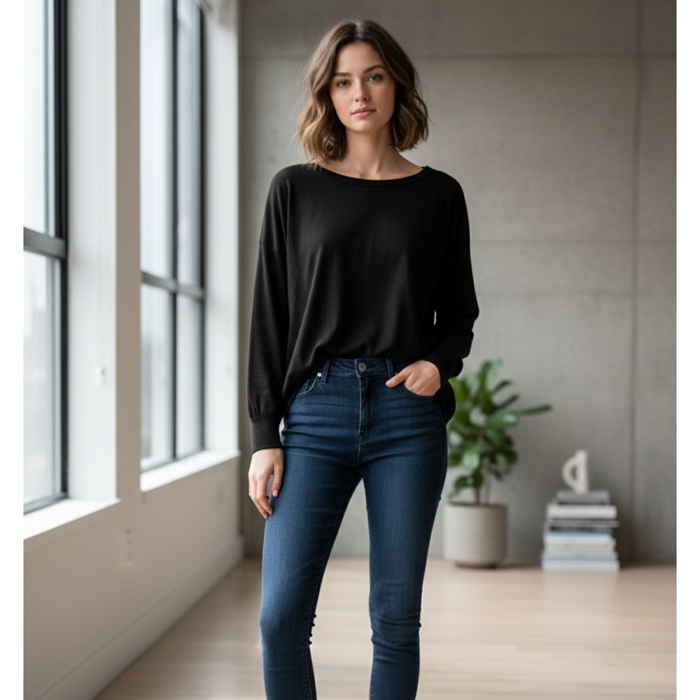 NWT UEU Women's Medium‎ Black Boat-Neck Long-Sleeve Sweat-Shirt Casual Wear